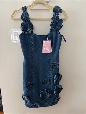 Avec Les Filles Blue Denim Mini Dress with Floral Appliqués